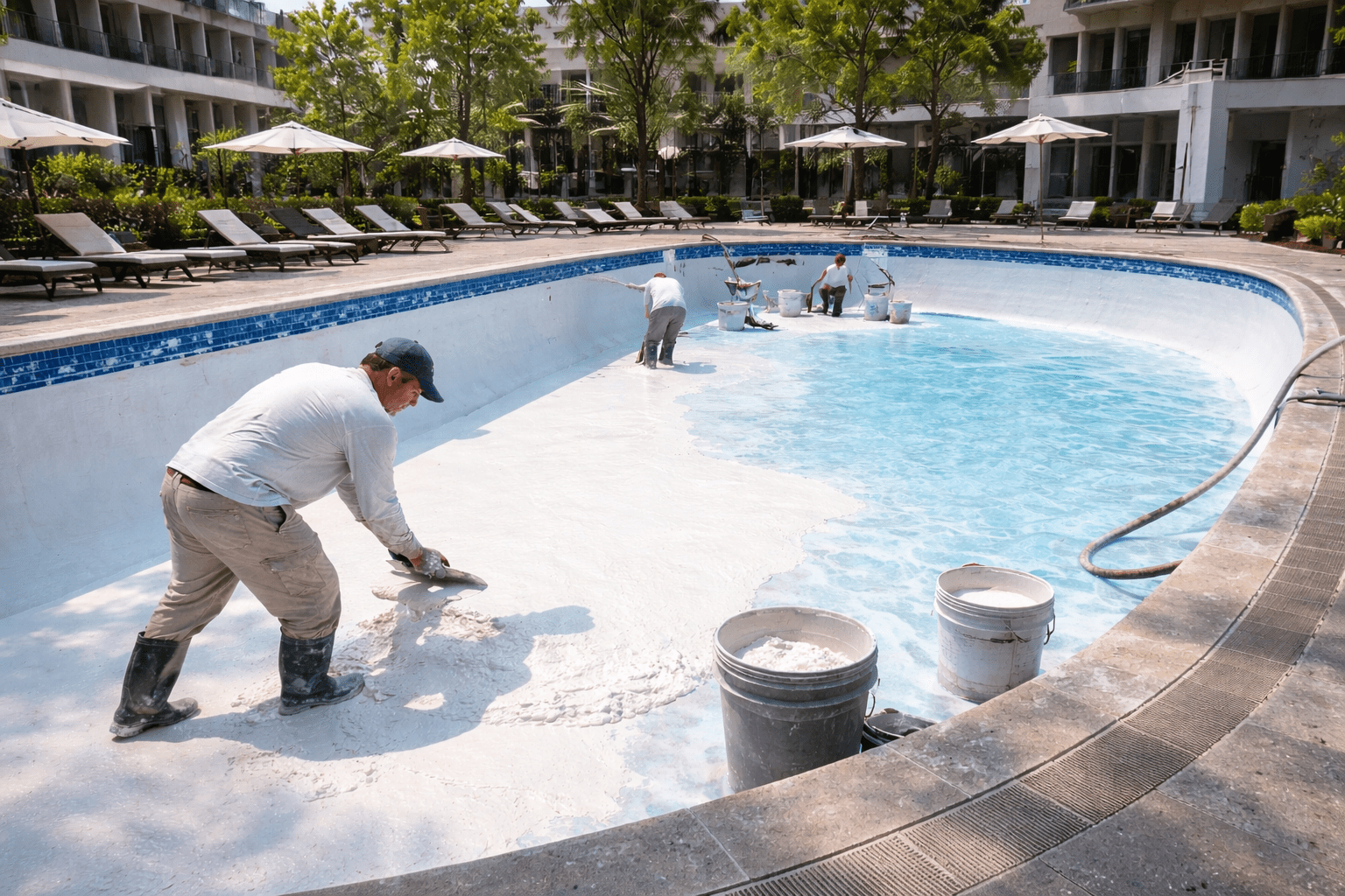 Pool Resurfacing Process with Workers Applying New Pool Finish