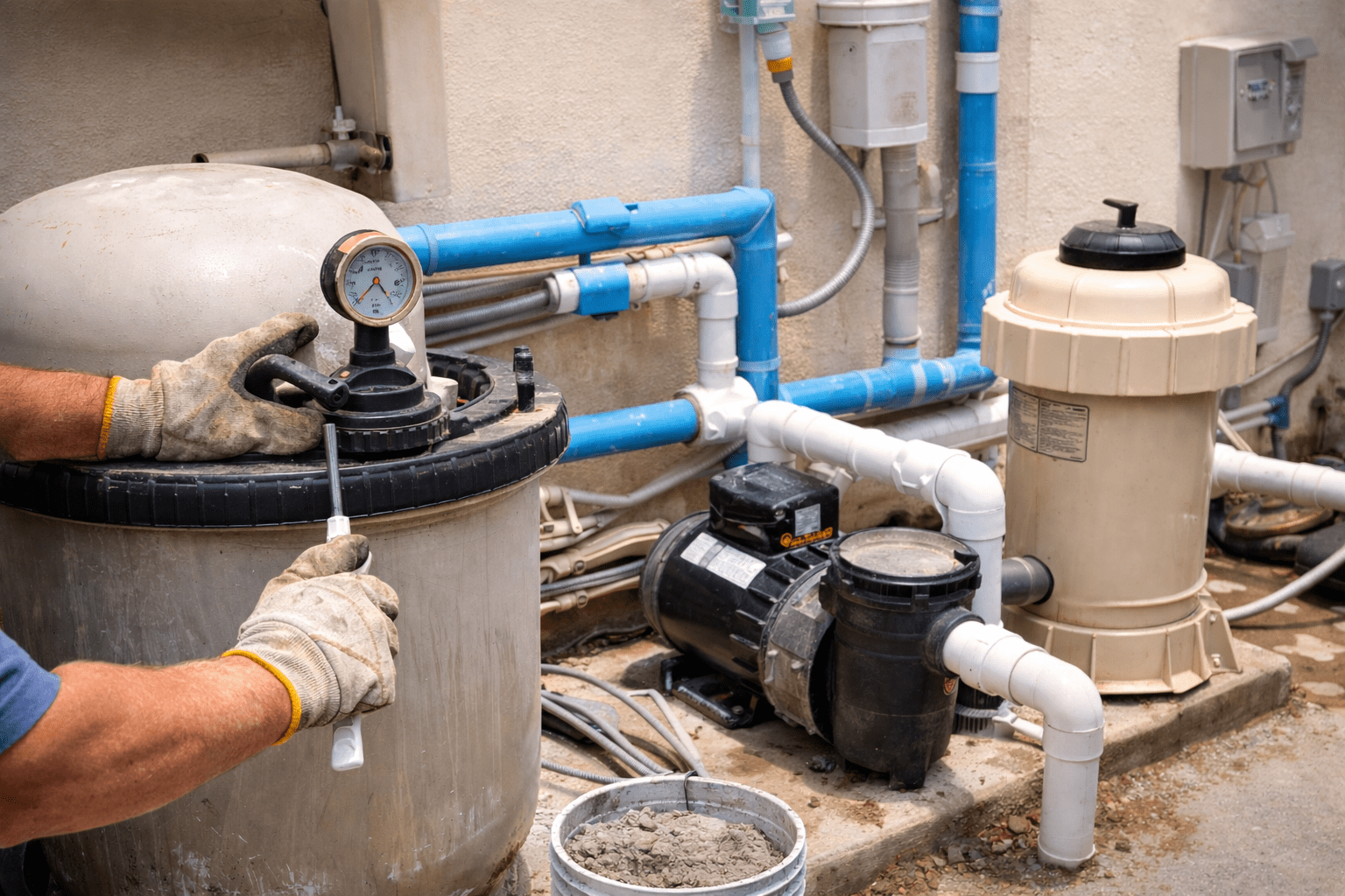 Pool Circulation System with Pump, Filter, and Plumbing Connections