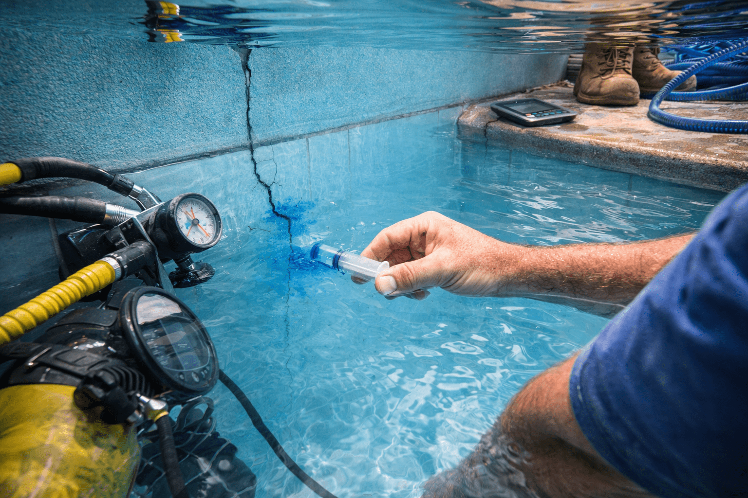 Pool Technician Checking Water Quality Inside the Swimming Pool
