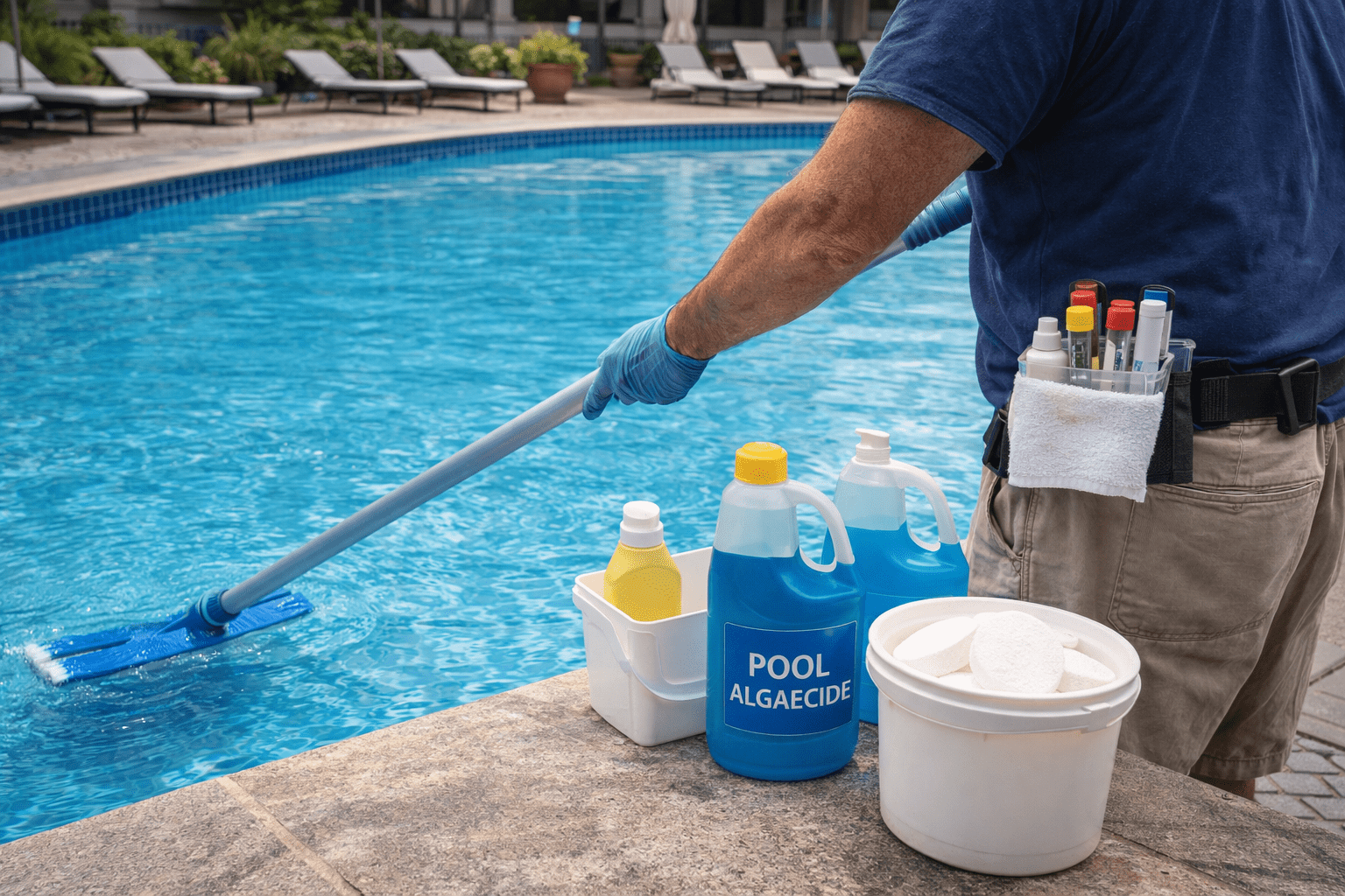 Pool Technician Adding Chemicals to Swimming Pool Water