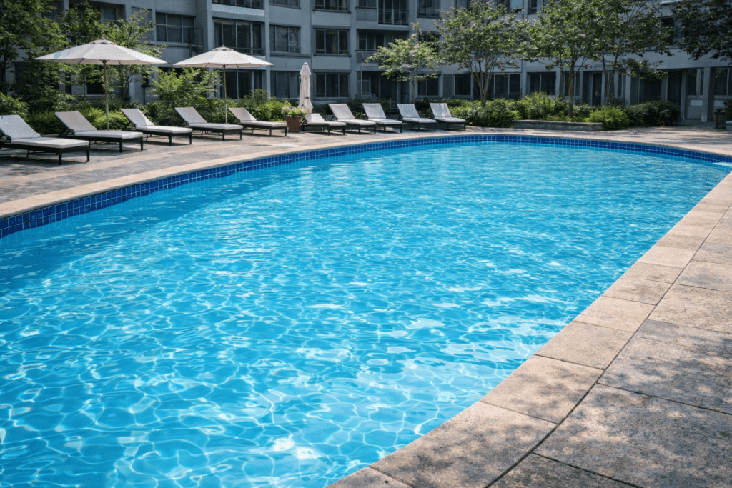 Large Outdoor Swimming Pool with Curved Edge and Clear Blue Water