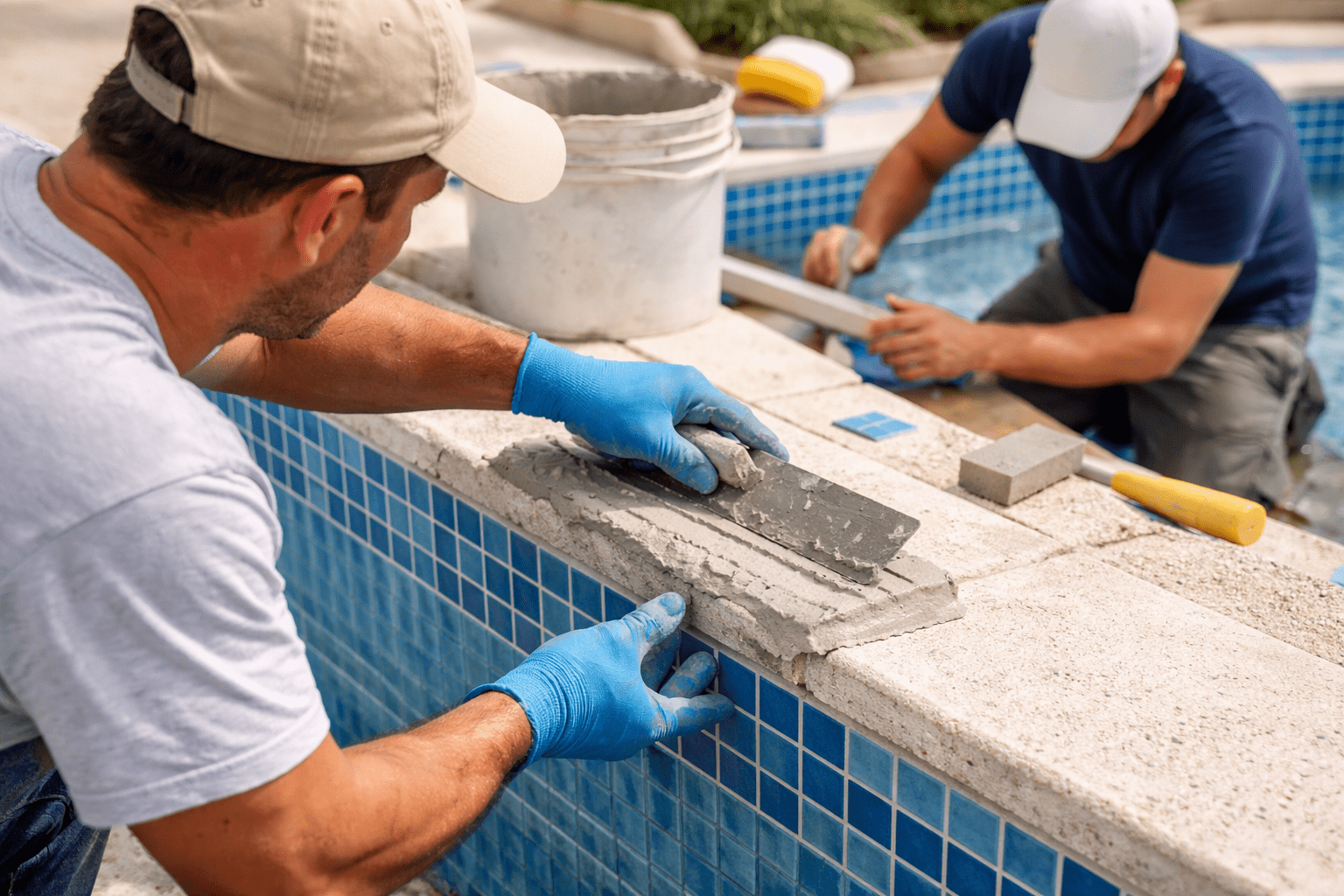 Pool Technician Installing Blue Tile Coping Along the Pool Edge