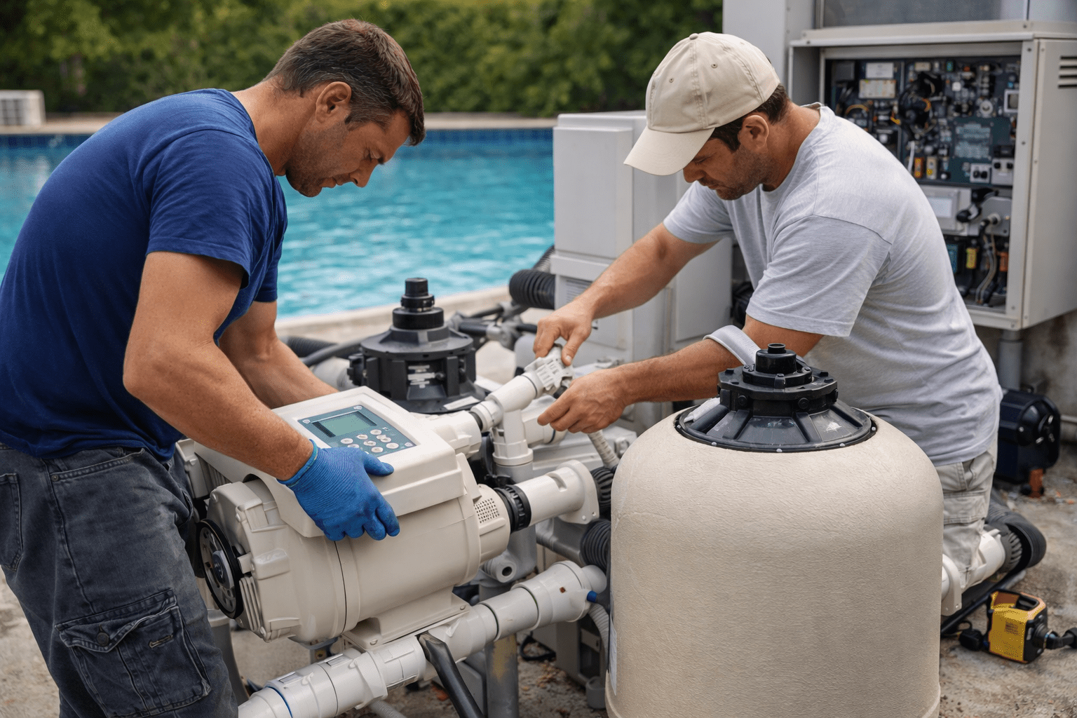 Two Pool Technicians Servicing a Pool Filtration and Pump System