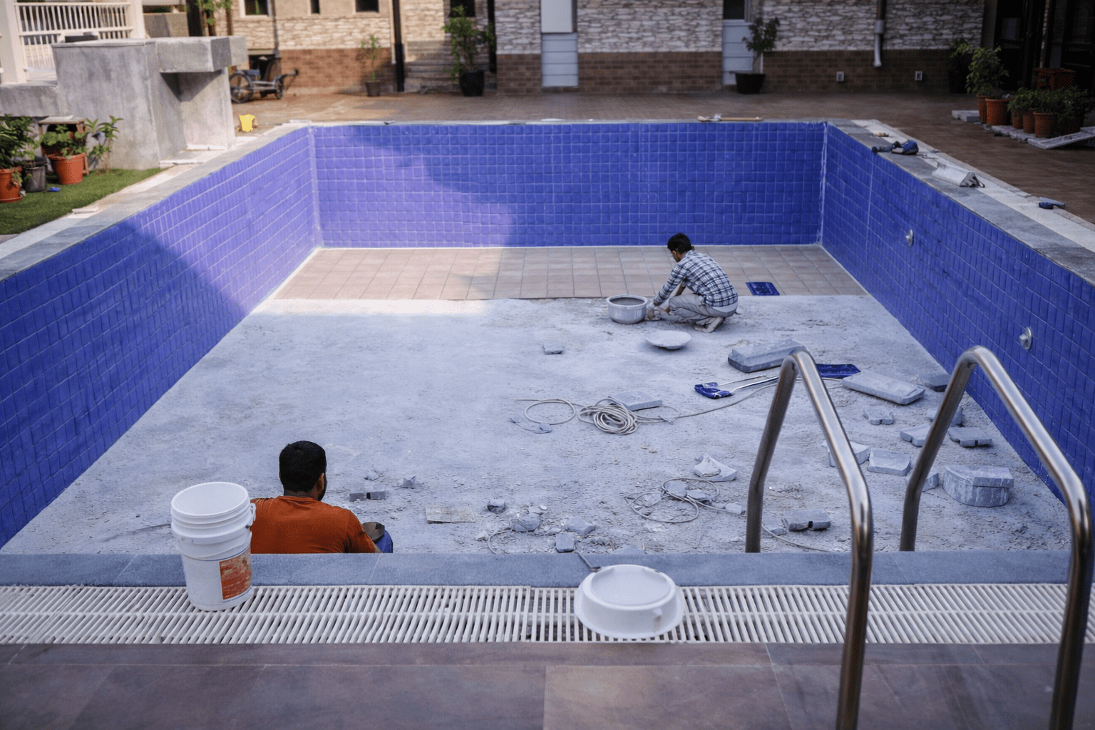 Empty Swimming Pool Prepared for Resurfacing and Repair Work