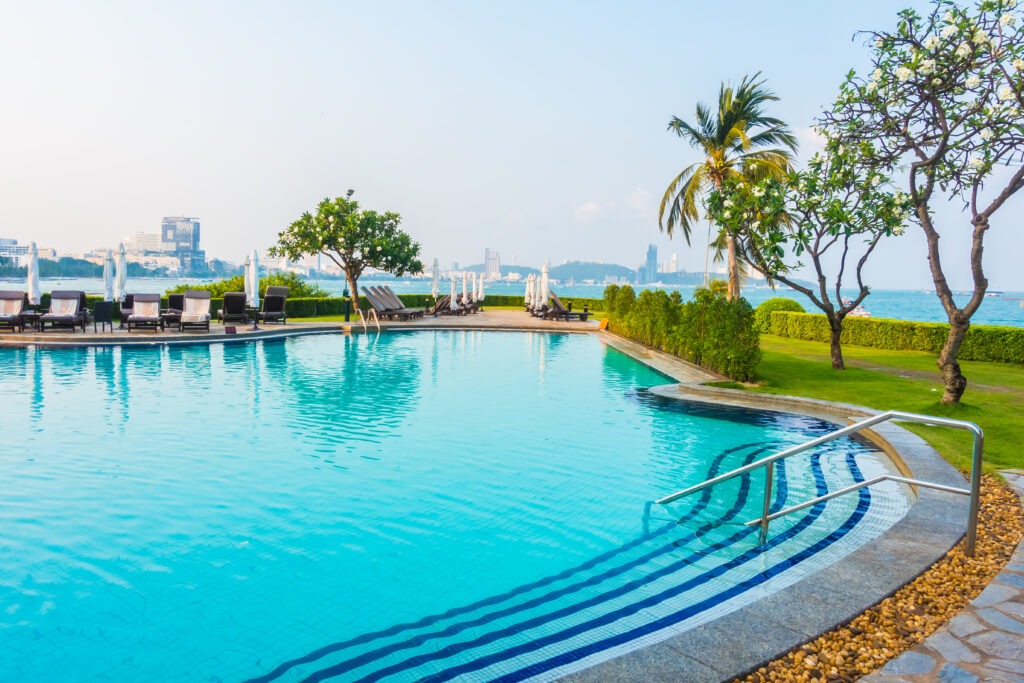 Resort-Style Infinity Swimming Pool with Palm Trees and Ocean View